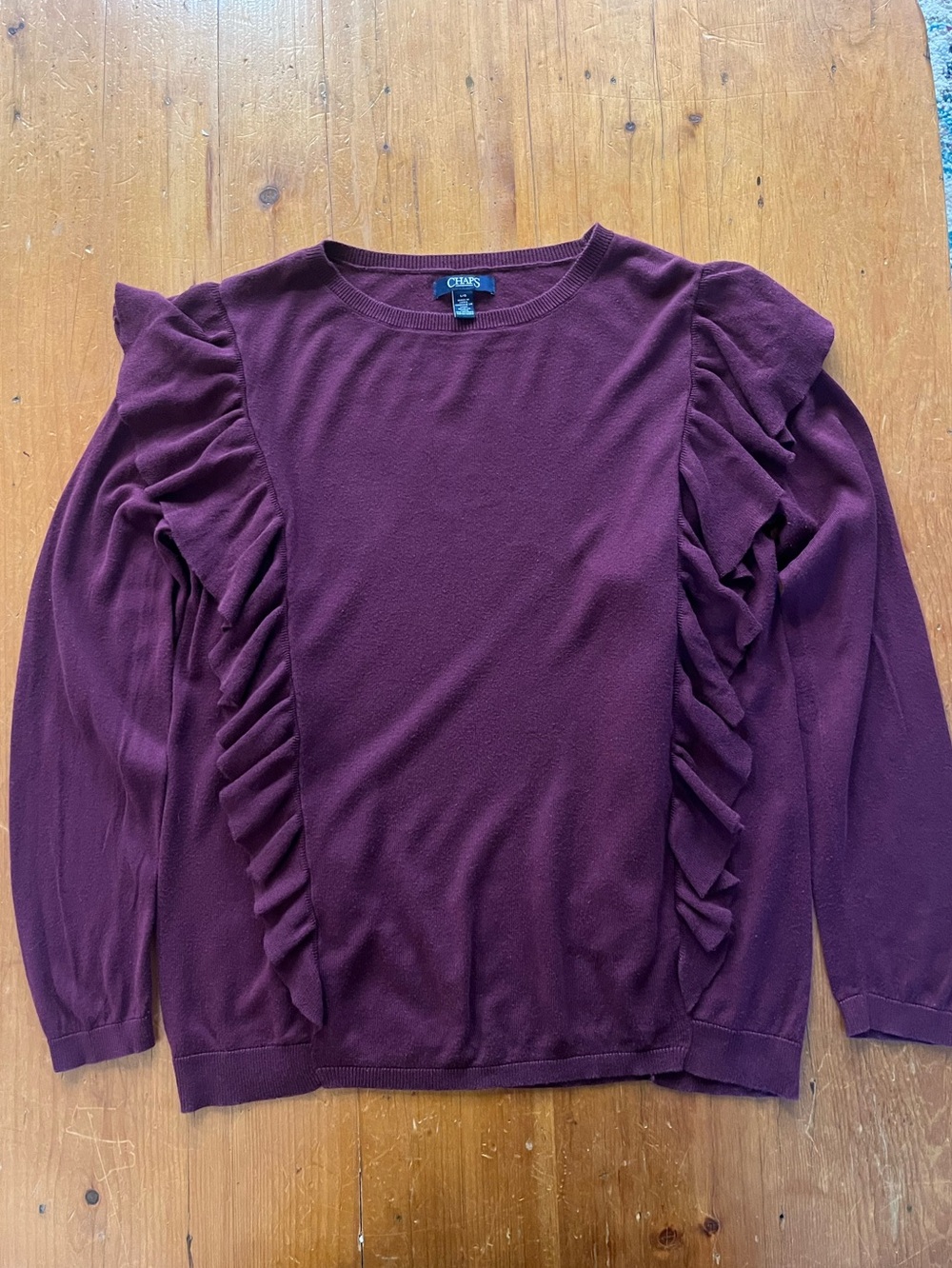 Chaps Ralph Lauren Plum Cotton/Modal Long Sleeve Ruffle Dark Academia Sweater